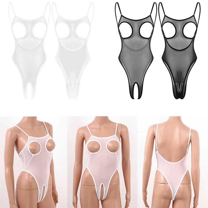 Womens See Through Sheer Mesh Bodysuit Sexy Sleeveless High-cut Thong Leotard Erotic Open Breast Crotchless One Piece Nightwear