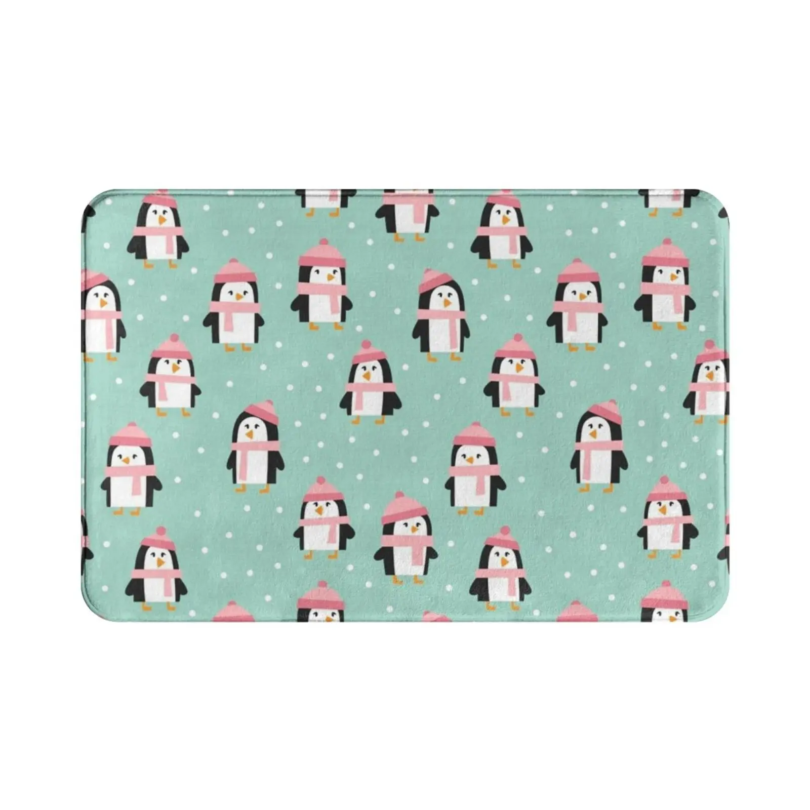 Cute Winter Penguins-Pink Hats Carpet Mat Rug Cushion Soft Non-Slip Penguins Winter Snow Blue Little Arrow Cute