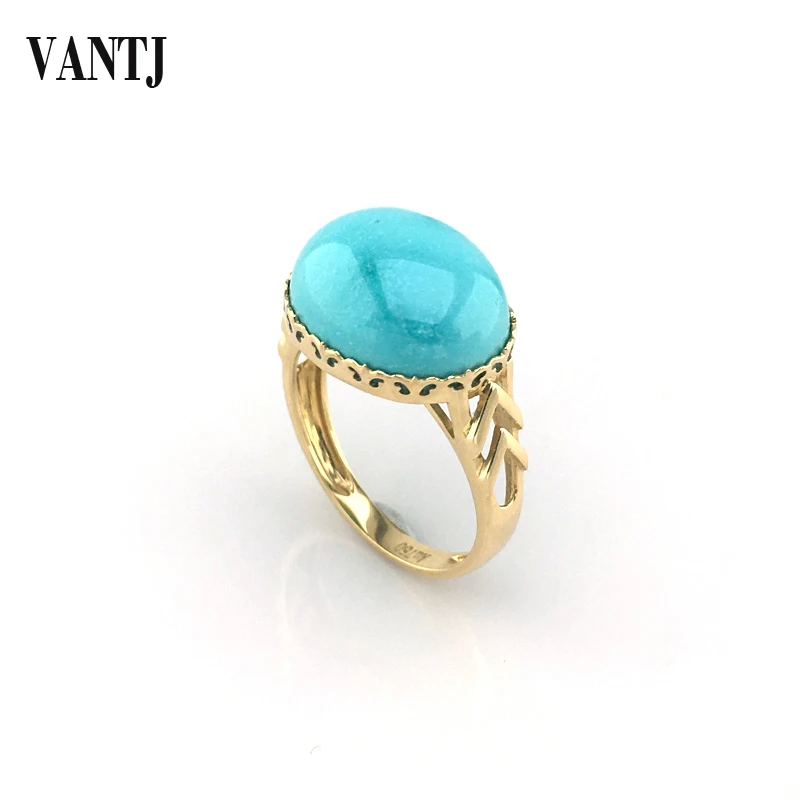 

VANTJ Elegant Natural Turquoise 100% 14k Gold Rings Real Au580 Fashion Fine Jewelry Women Girl Party Wedding Gift