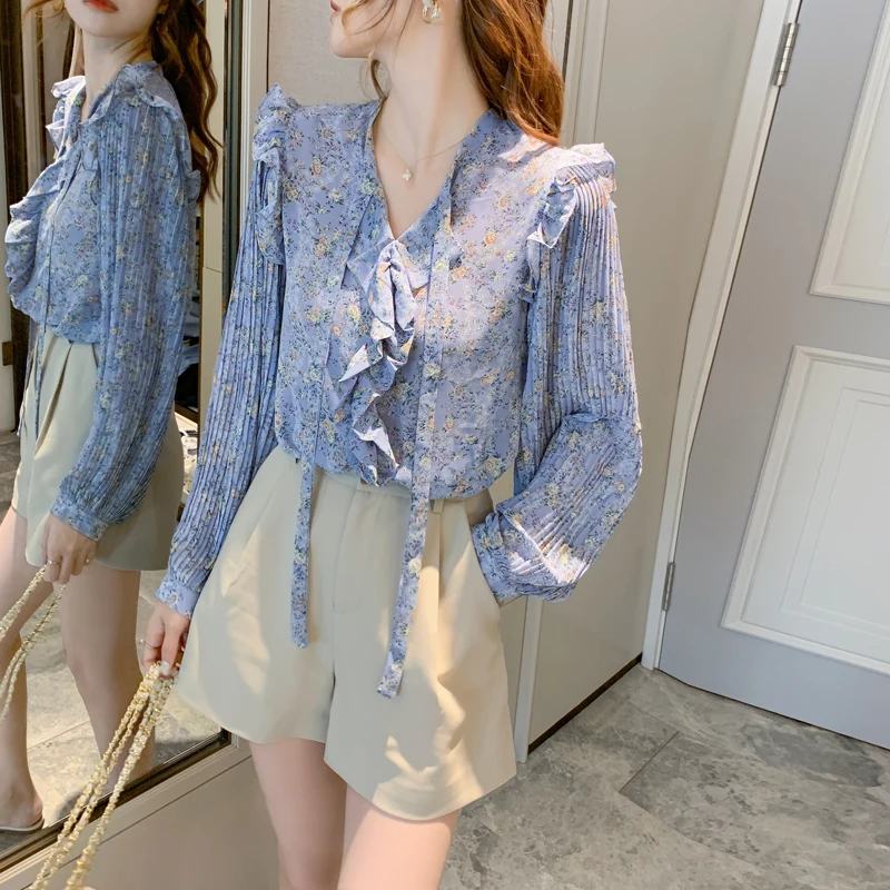 Women Blouse Floral Printed Shirt Female Ruffled Lace Bow Lantern Sleeve Chiffon Shirt 2020 Autumn Blue Sweet Long Sleeve Tops