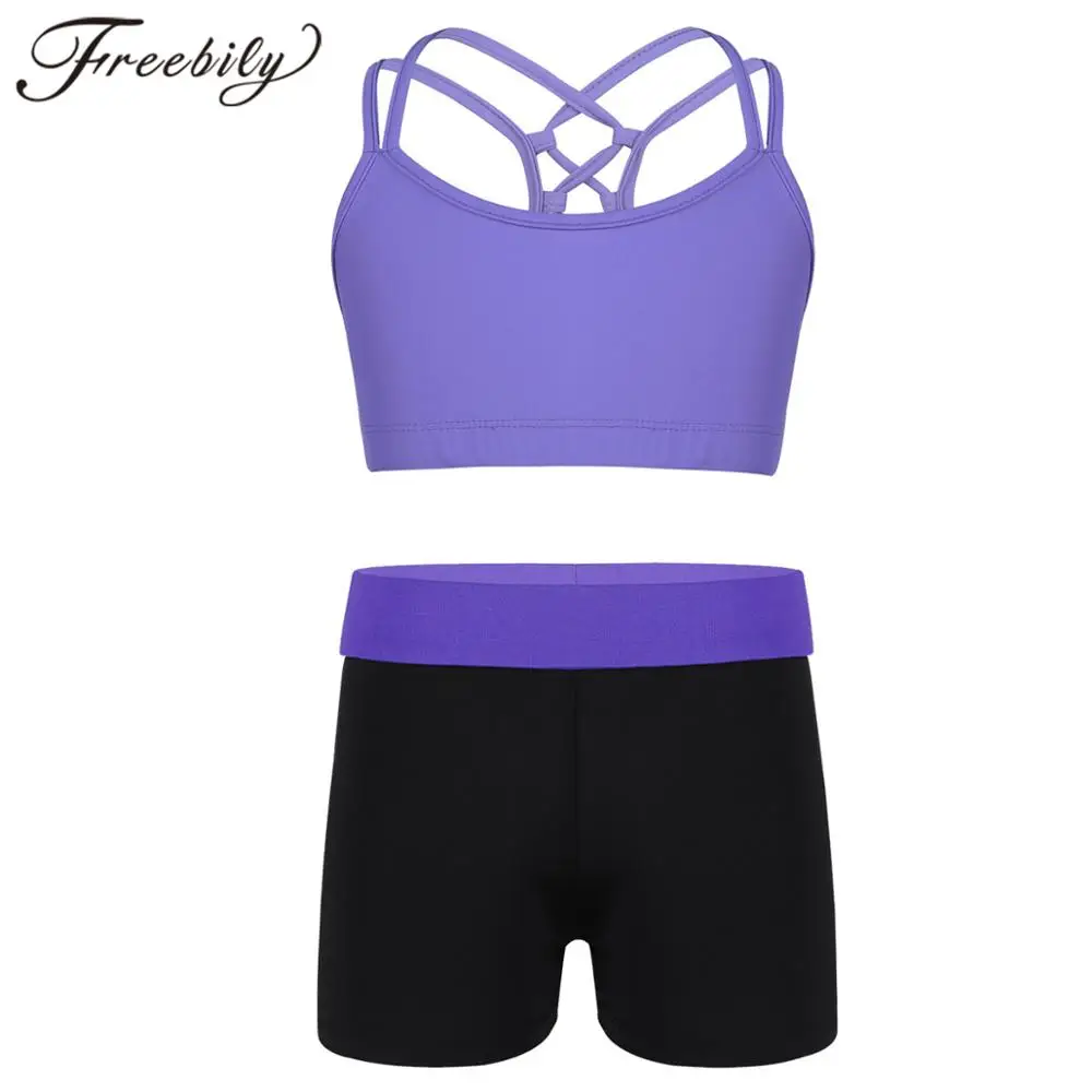 

Kids Girls Sports Suit Spaghetti Straps Criss Cross Back Bra Tops Crop Top With Shorts Children Gym Workout Fitness Sports Sets