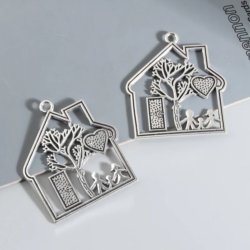 4pcs Silver Color 59x52mm Love House Charms Dad Mom Child Family Home Pendant Fit DIY Handmade Jewelry Making Finding Supplies