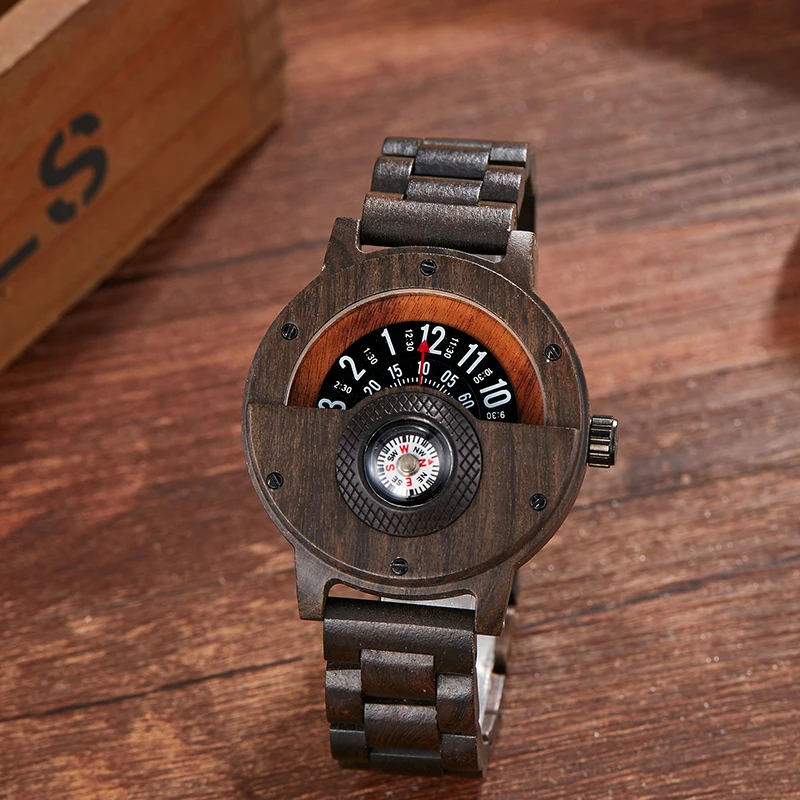 2020 Men Woman Wood Watch Unique Turntable Dial  Male Military Watches Compass Quartz Watch With Wooden Band Relogio De Madeira