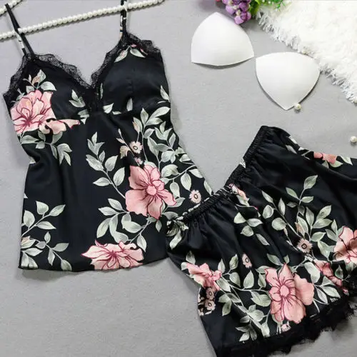 2Pcs Women Satin Silk Sleepwear Lace V Neck Tops + Long Pants Pyjamas Set Summer Ladies Underwear