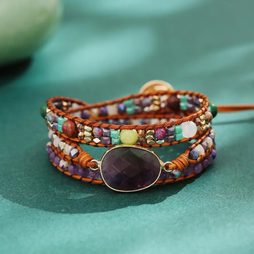 Boho Handmade Stone Crystal Bead Wrap Bracelet Purple Beaded Handwoven Bracelet Jewelry for Women Girl Gift