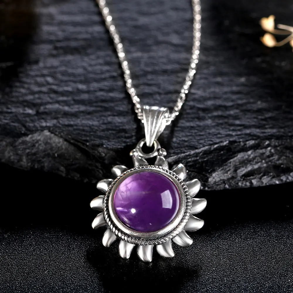 Natural Amethyst Necklace for Women Sterling Silver 925 Vintage Style Sun Shaped Pendant Charming Necklace Gift Jewelry Whoesale