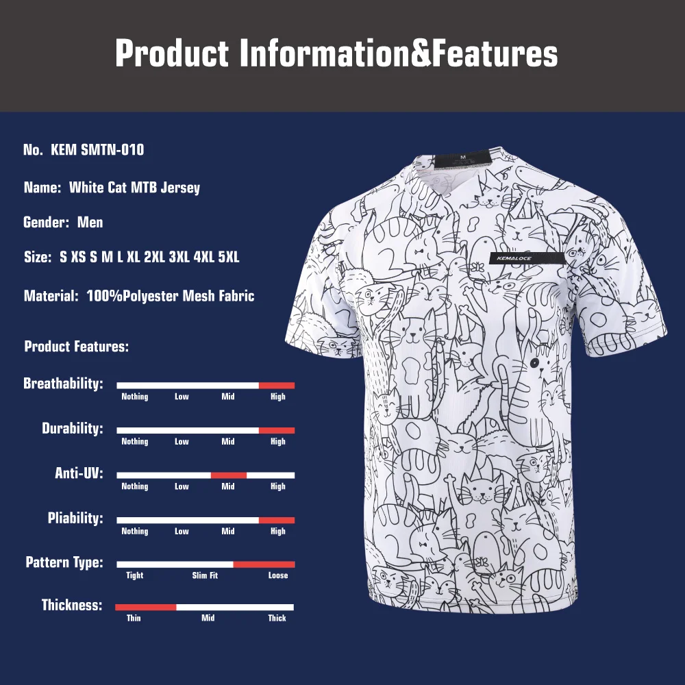 KEMALOCE Polyester Unisex MTB Jersey White Adult Bmx Jerseys Professional Breathable Short Sleeve Mountain Bike Jersey MTB Shirt