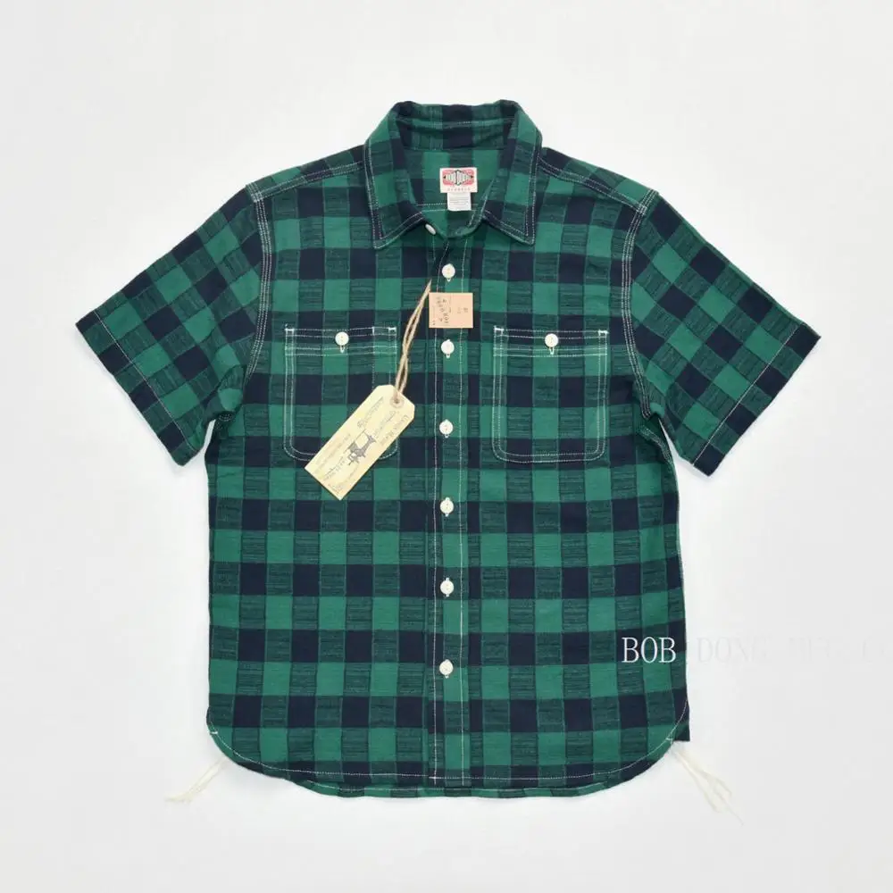 BOB DONG Retro Brushed Plaid Short Sleeve Buffalo Check Work Shirts For Men Red/Green