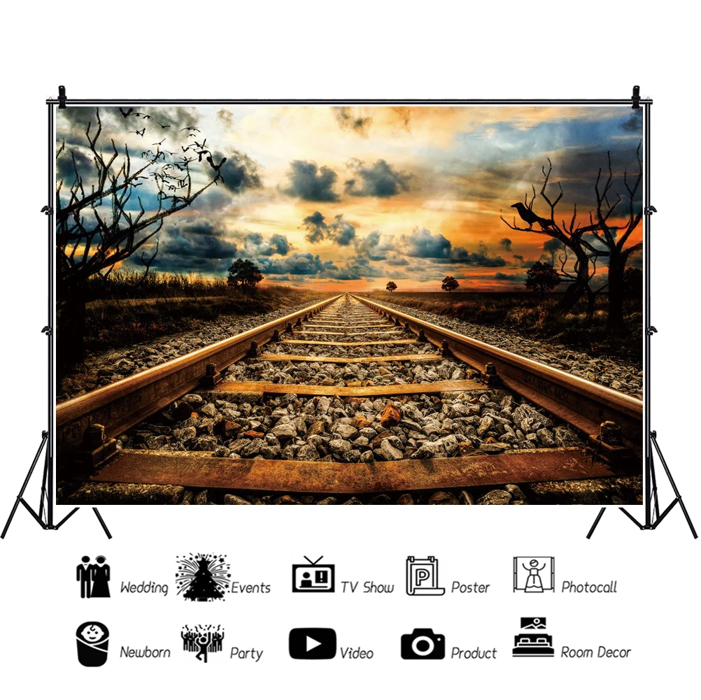 Laeacco Railway Railroad Track Photography Background Road End Room Decor Birthday Portrait Photocall Backdrop For Photo Studio