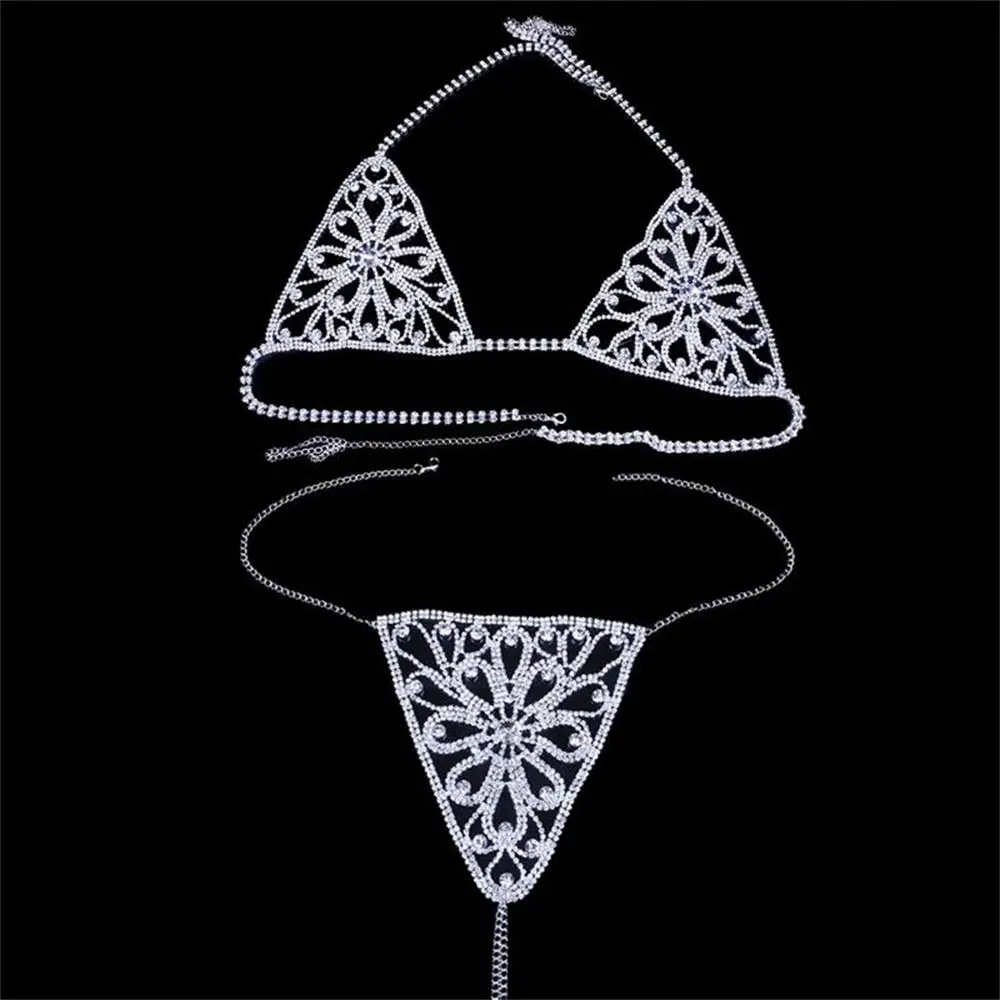 Conjunto de sujetador y Tanga con forma de flor de lujo para mujer, Bralette Sexy, malla de Metal con diamantes de imitación, cadena corporal de cristal, Bikini de joyería