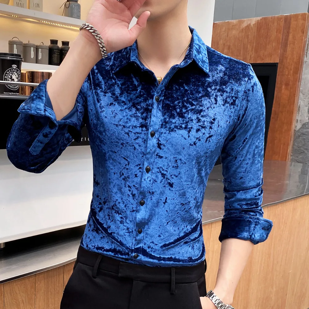 

Elegant Fall Winter Dress Social Shirt Luxury Royal Blue Velvet Shirt Camisa Social Masculina Manga Longa Chemise Homme Manche