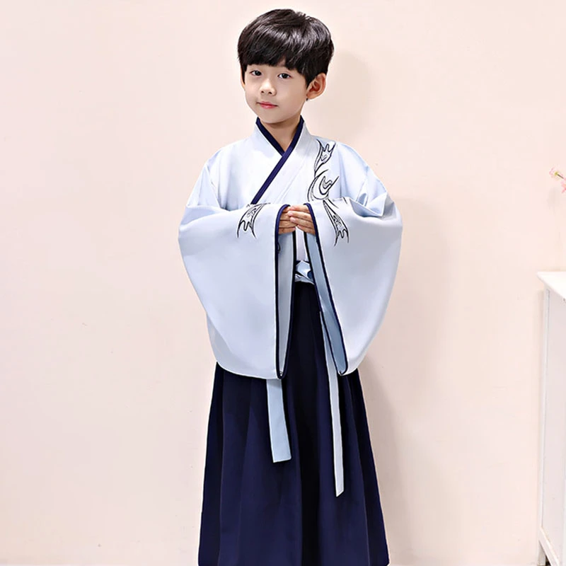 

100-170Cm Chinese Children Hanfu Triditional Costume Tang Suit Robe Cotton Simple Embroidery Wide-Sleeved Waist Belt 4 Colors