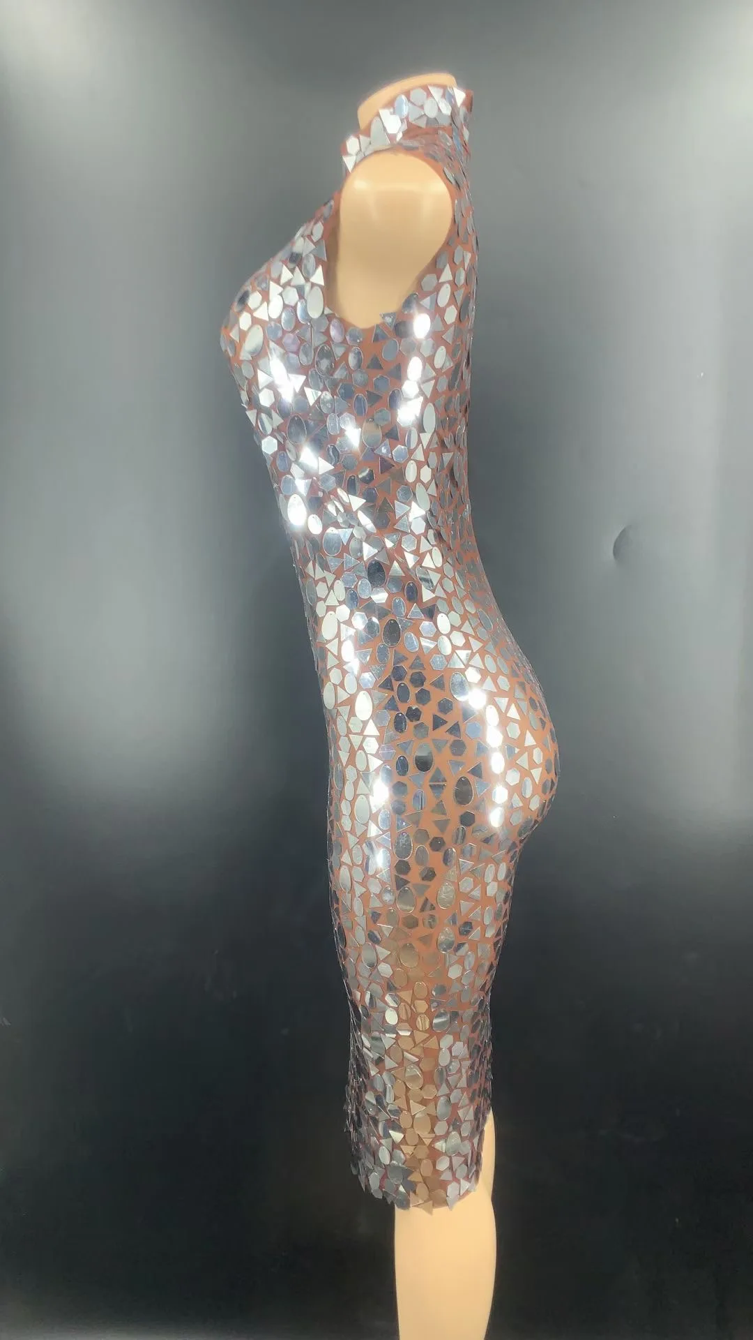 Women New Sexy Shining Silver Sequins See Through Dress Birthday Celebrate Perspective Stretch Dress Stage Costume Dance Outfit