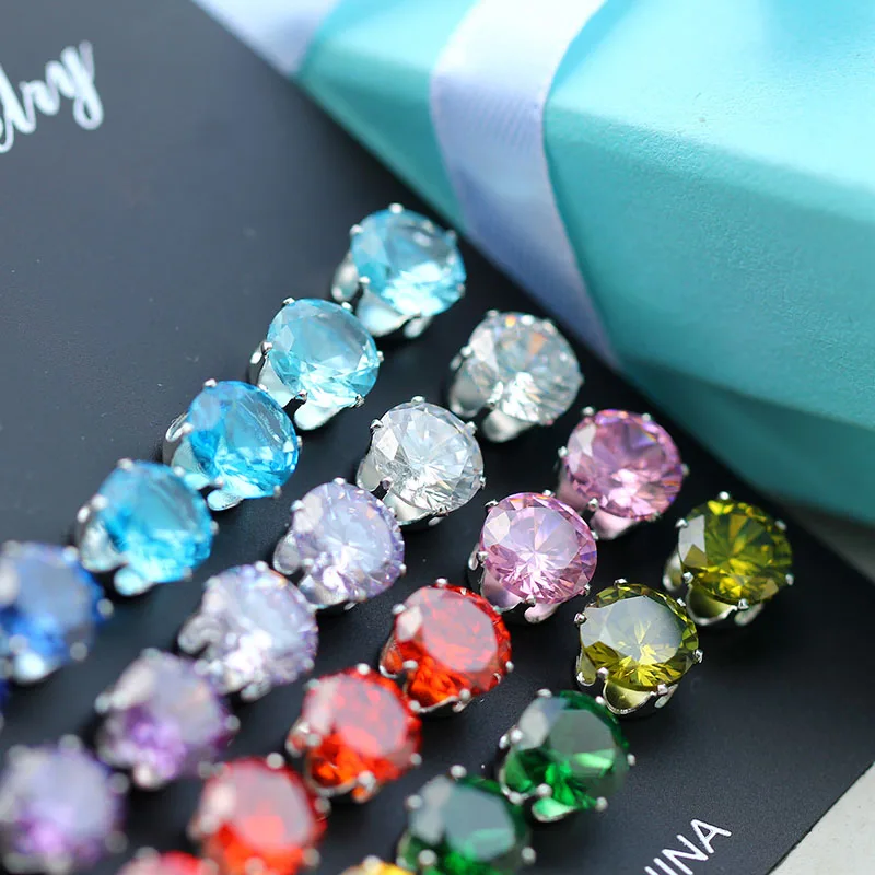 Juego de 12 pares de pendientes de tuerca de cristal Multicolor CZ para mujer, pendientes con piedras azules, regalos para mujeres, accesorios para