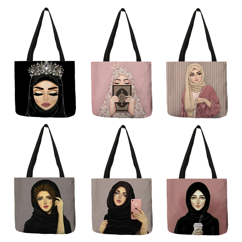 B13074 Eco Linen Shopping Totes Bag Muslim Islamic Gril Eyes Print Casual Women Handbag Ladies Folding Shoulderg Bag 2020