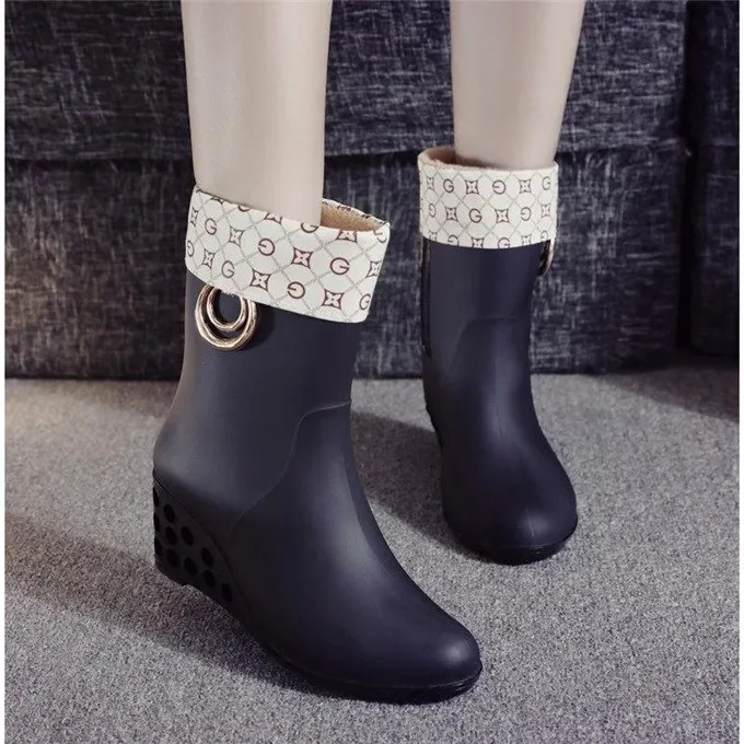 Women\'s Short Water Shoes Rain Boots High-heeled Rubber Shoes Set Shoes Water Boots Non-slip Waterproof Wedges Rain Boots