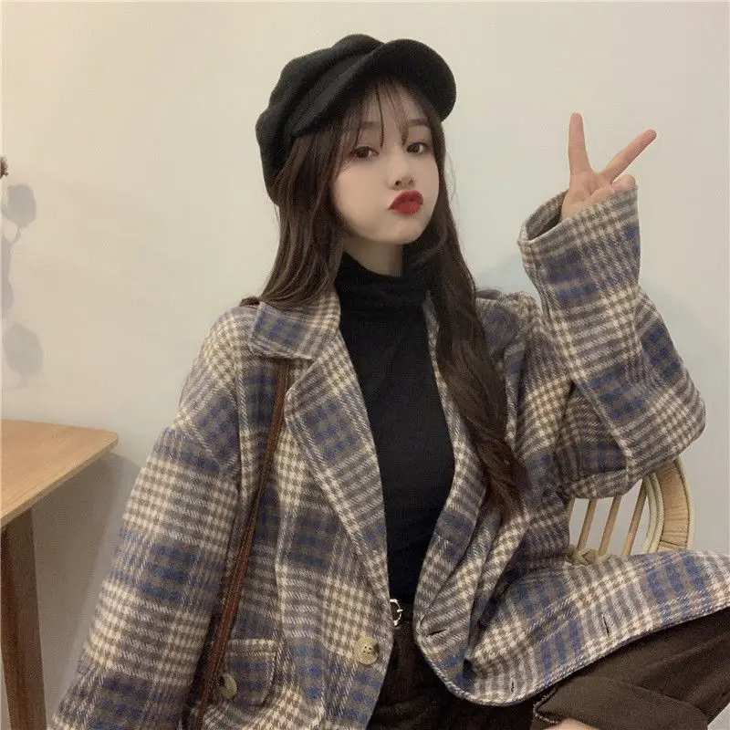 Blazers Women Autumn-winter Loose Medium-long Notched Vintage Plaid Outwear Coats Female Elegant Simple All-match Trendy Ulzzang