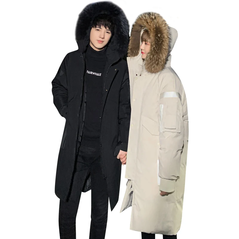 Down jacket men's mid long winter trend Hooded coat couple's winter new thickened warm men's and women's camo graffiti brand fur