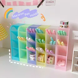 Portalápices de escritorio de Color Macaron, caja de almacenamiento de pinceles de maquillaje, organizador de escritorio de inserción oblicua de 4 cuadrículas, papelería escolar