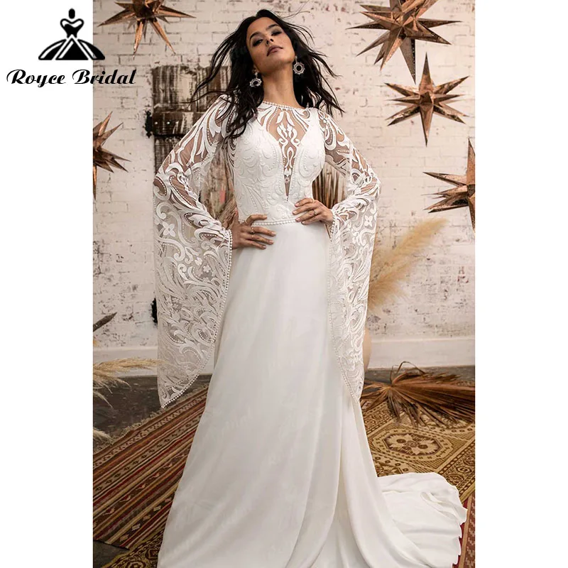 A Line Boho Wedding Dresses with Back Buttons Backless V Shape Back Lace Long Flare Sleeve Scoop Neck robe de mariée Beach 2022