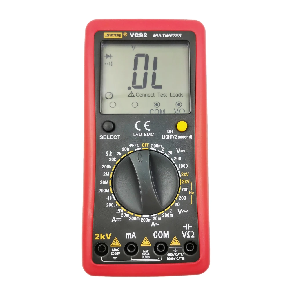 SZBJ VC92 LCD Digital Multimeter AC/DC Diode Capacitance Resistance Measurement Tool Voltage Measurement 2KV High Voltage