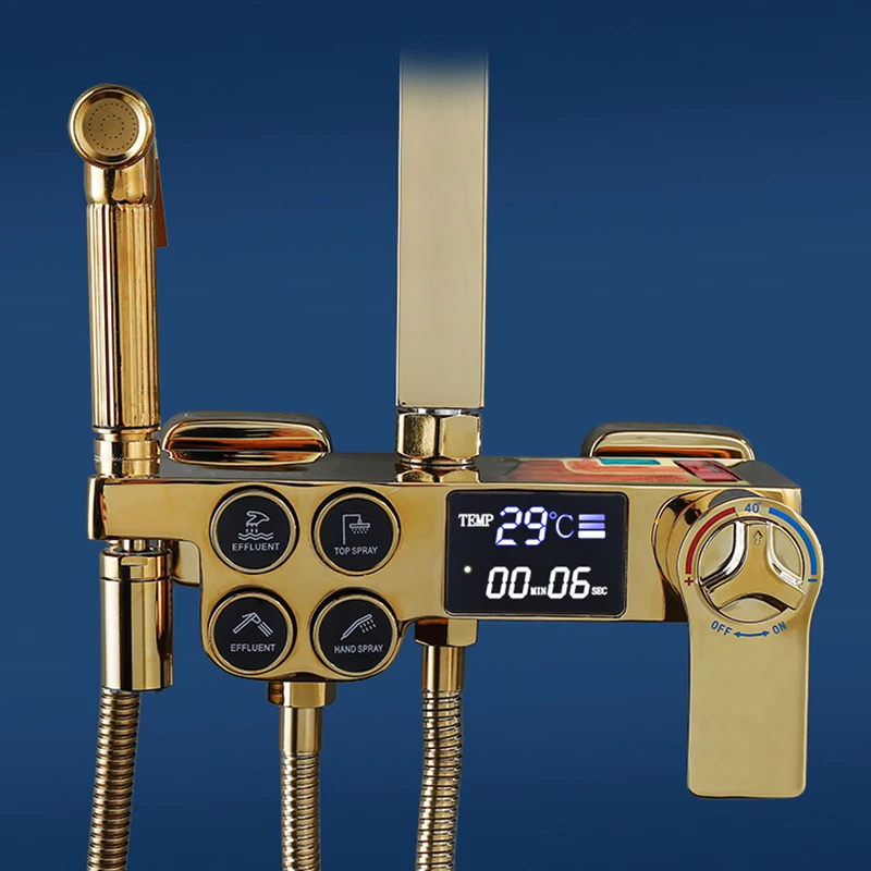 Digital Shower Set for Four Function Gold Thermostatic Shower System Rainfall Shower Head Copper Bath Faucet Digital Shower Sets