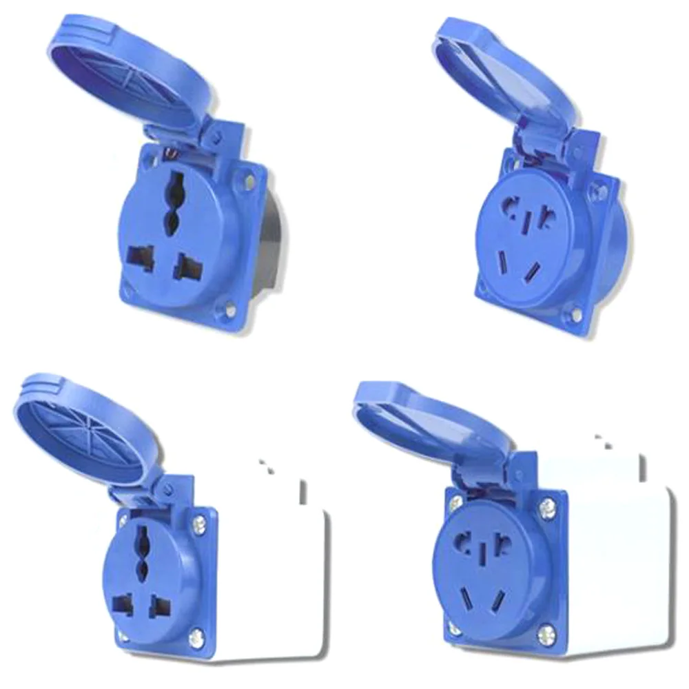 Niebieskie IP54 10A/16A 220V wielofunkcyjne przemysłowe elektryczne gniazdo zasilania prądem przemiennym zewnętrzne uniwersalne wodoodporne gniazdo z dolną skrzynką