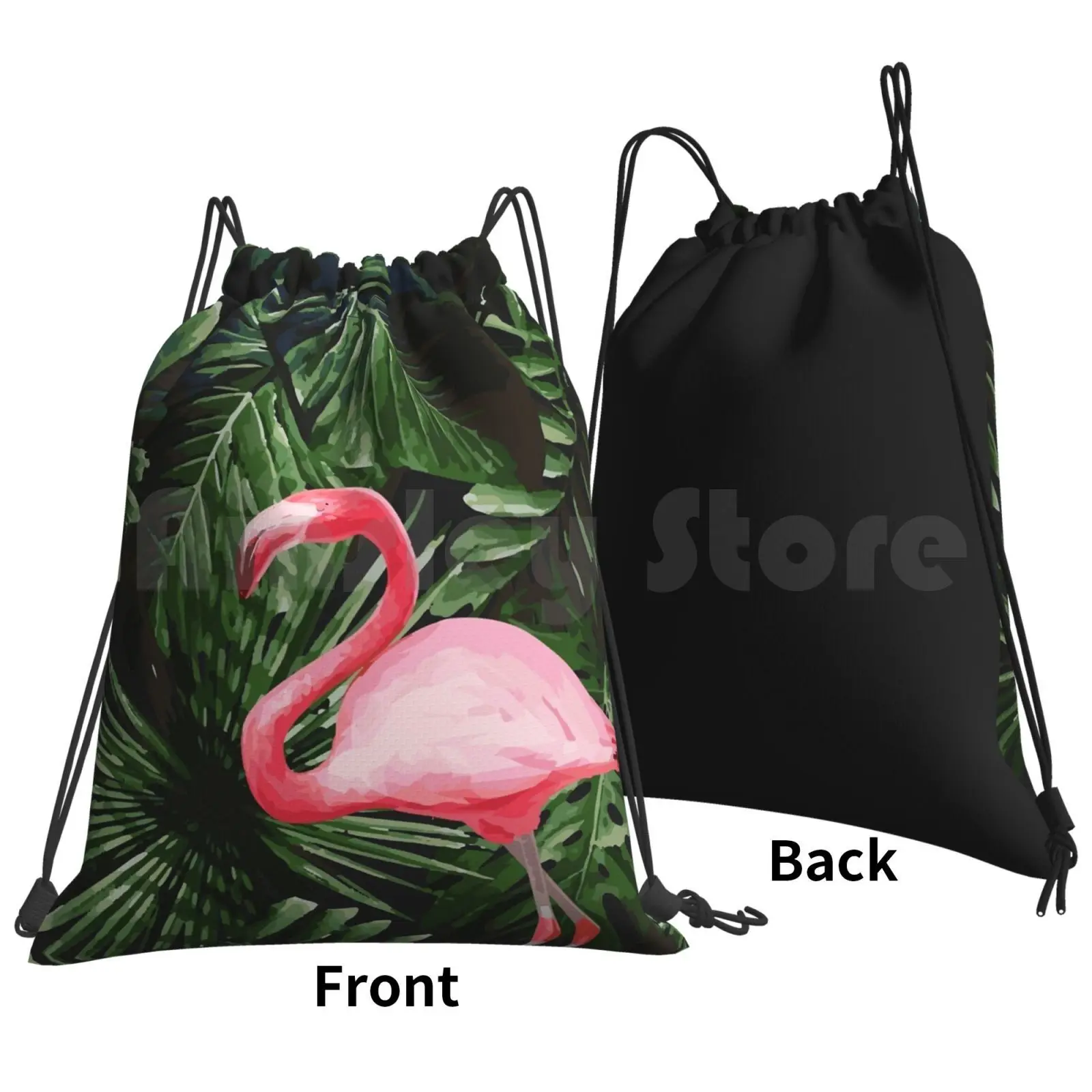 Tropical Flamingo And Floral Palm Tree Leaves Green Black Backpack Drawstring Bags Gym Bag Waterproof Tropical Rain