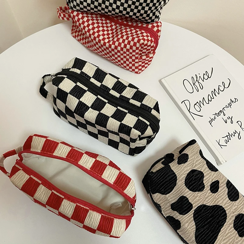 Cute Retro Checkerboard Grid Cow Print Pencil Bag Decorative Storage Pouch Girl Kawaii Stationery Pencil Cases School Supplies