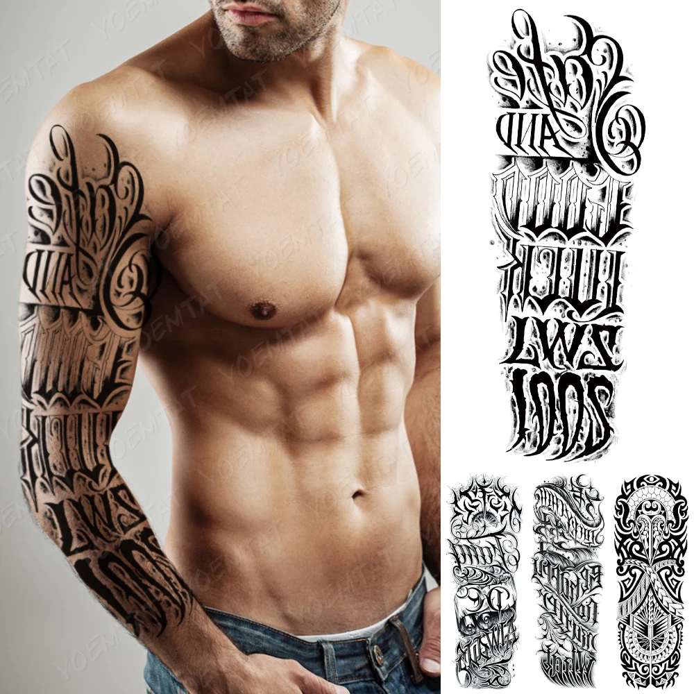 

Large Arm Sleeve Tattoo Word Text Totem Waterproof Temporary Tatoo Sticker Maori Power Men Full Skull Body Art Tatto