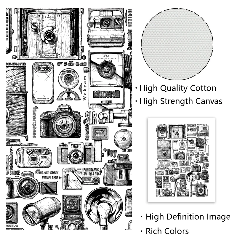 Vintage Camera Collection illustrations Posters and Prints Black White Canvas Painting Wall Pictures Decor Photographer Gifts