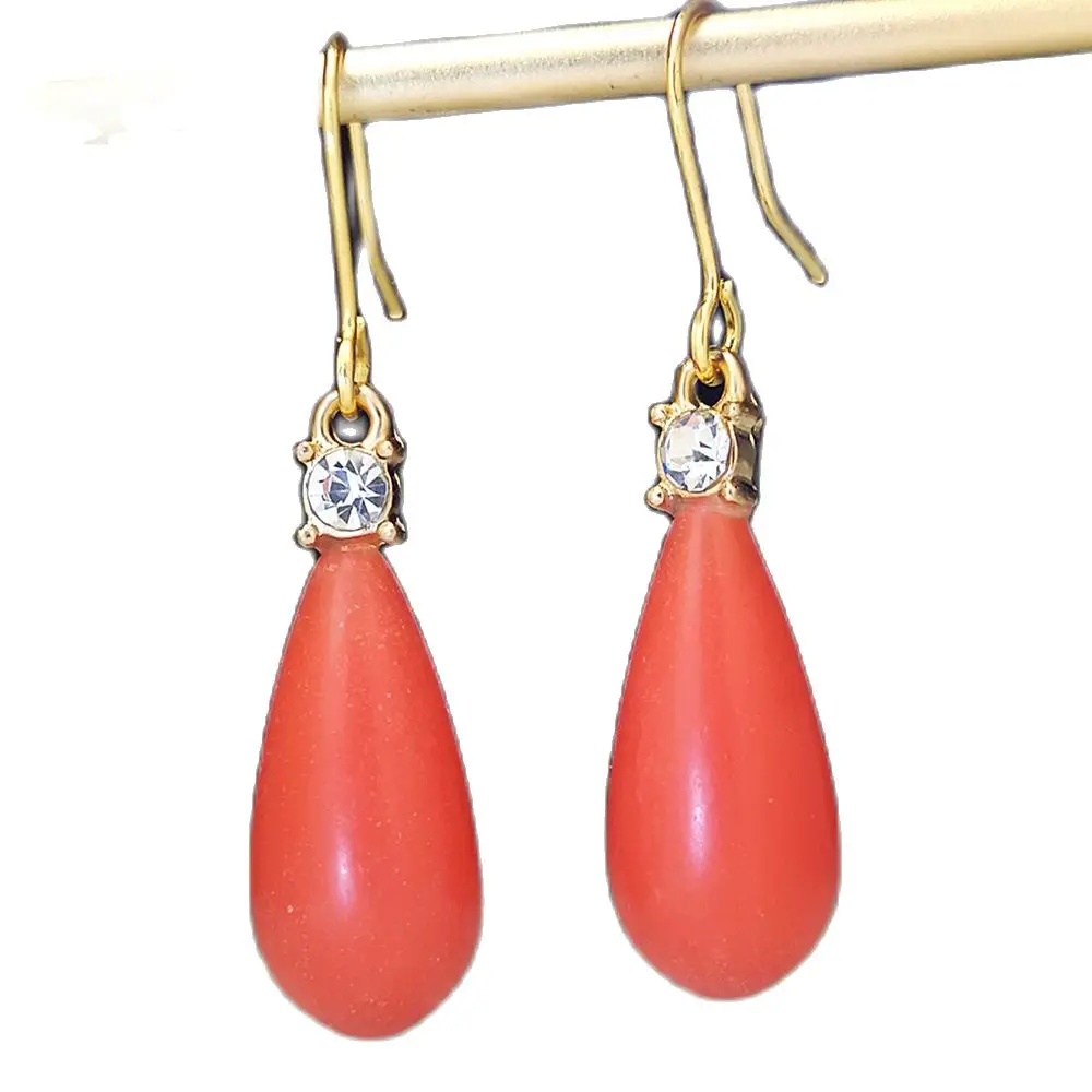 2021 Fashion Women\'s Crystal Dangle Earrings Coral Red Water Drop Pendant Vintage Earrings For Girl Gold Color Piercing Ear Stud