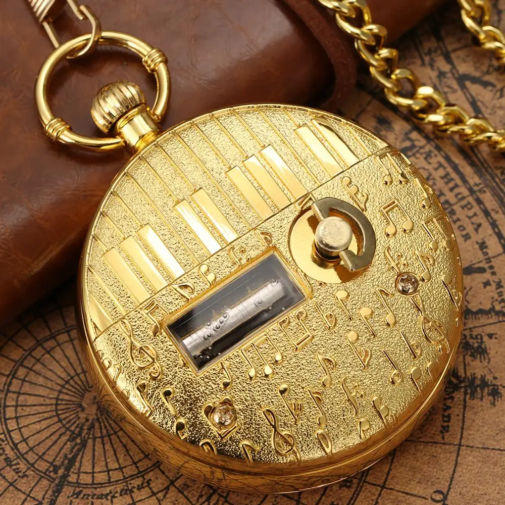 Golden Male Music Pocket Watch Retro Roman Numeral Dial Pocket Watch Wonderful Swan Lake Music Thick Chain Pendant New Year Gift