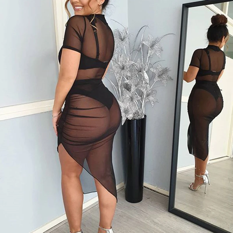 2025 Summer New  Sexy Women's  Black Mesh Transparent Irregular Dresses Pleated Split Short Sleeve Sheer Sundress Fits Vestidos