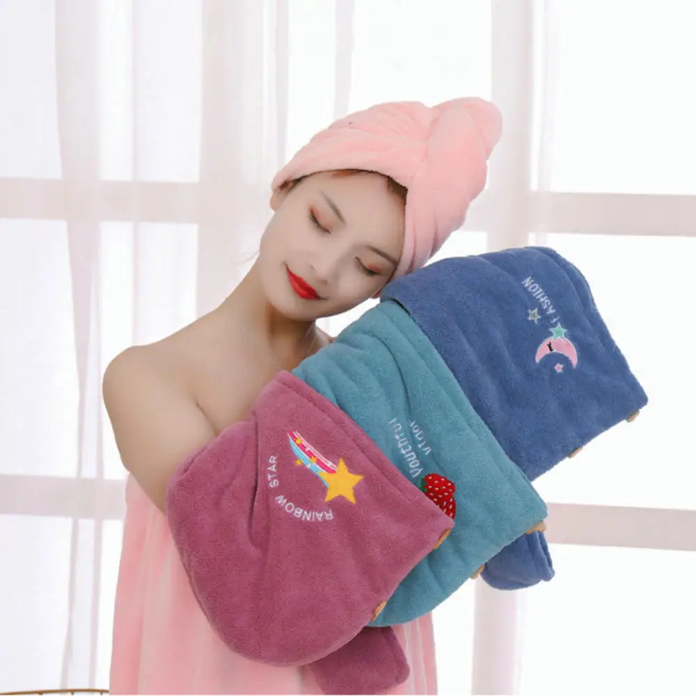 Microfiber Hair Drying Towel Super Absorbent Instant Hair Dry Wrap with Button Anti Frizz Soft Bath Shower Cap Head Towel