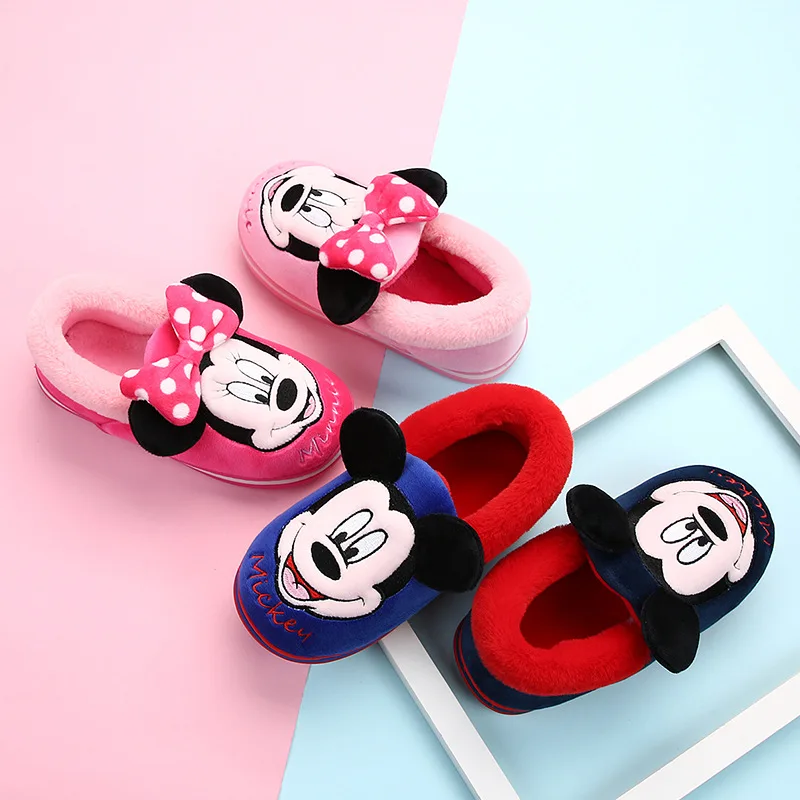 Disney-Chaussures épaisses en coton pour enfants, Minnie Mouse, chaleur intérieure, confortable, maison, bébé, garçons, filles