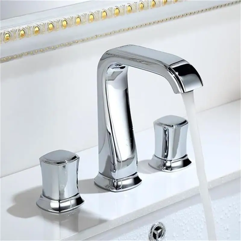 

New Basin Faucet Bathroom Sink Tap Brass White gold Widespread bathroom brass water mixer crane three Hole Sink Mixer