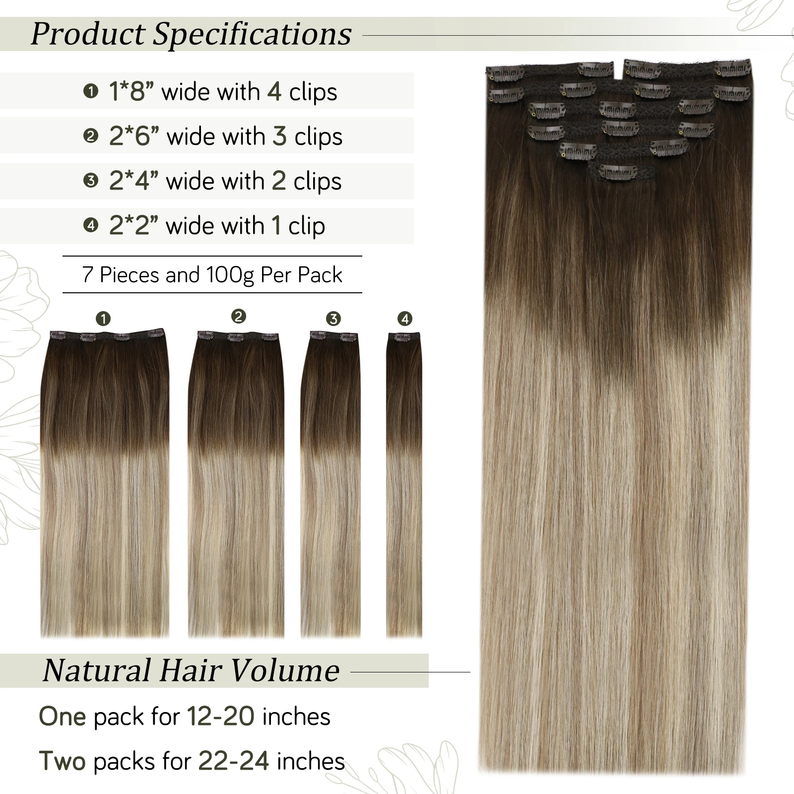 VeSunny-Clip em extensões de cabelo humano, Remy, trama dupla, Ombre, 7pcs, 120g