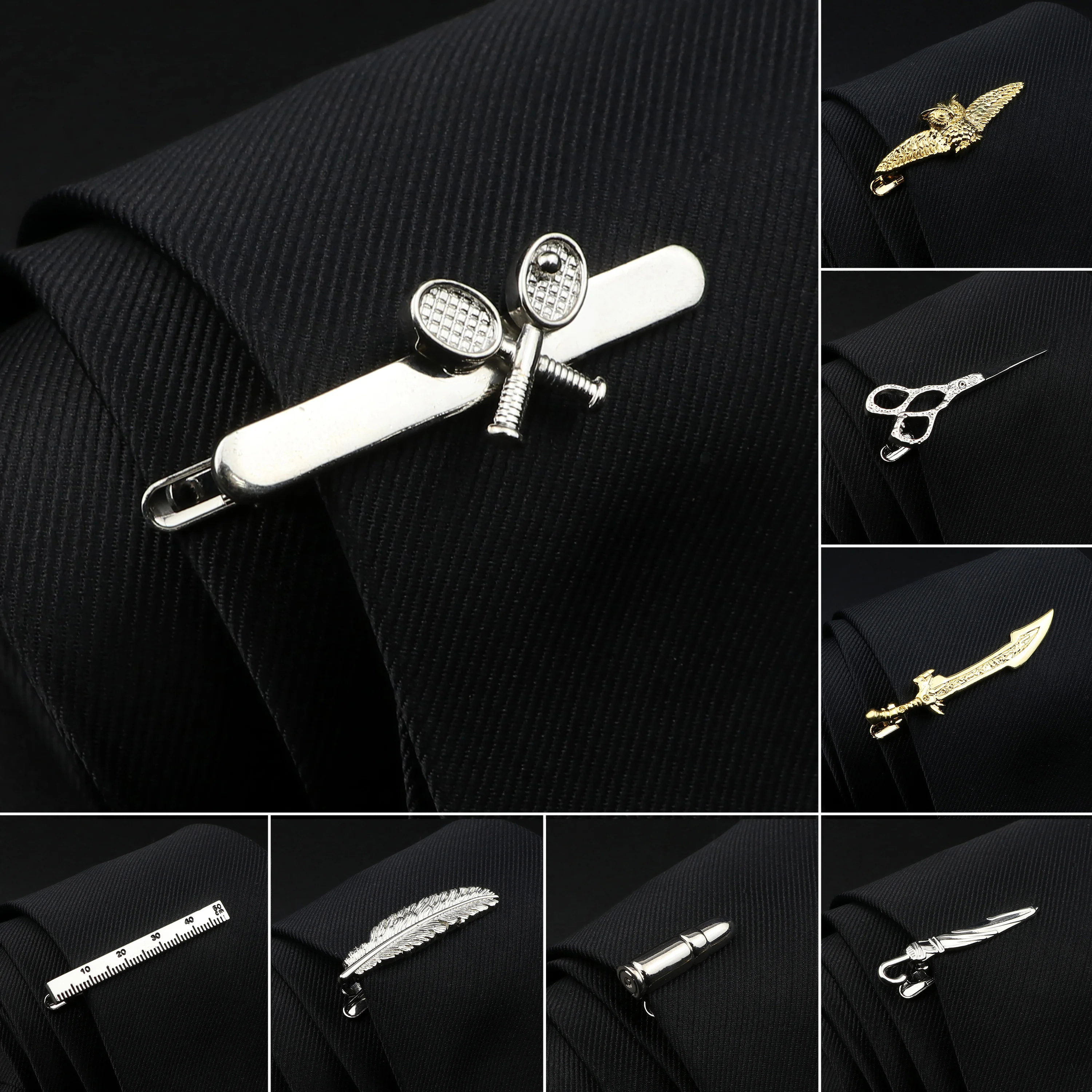 Men Alloy Metal Sliver Color Tie Clips 27 Designs Option Scissors Fish Bone Beard Wing Animal Clip Bar Wedding Party Jewelry Pin