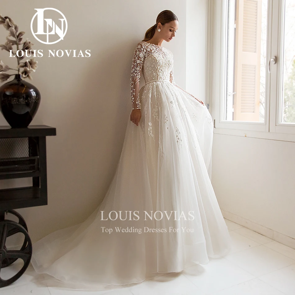 Louis Novias ชุดแต่งงานทรงเอไลน์สำหรับผู้หญิงชุดเดรสปักลูกไม้ติดลูกปัดแขนยาวสำหรับ2024ชุดเดรสชุดเจ้าสาว