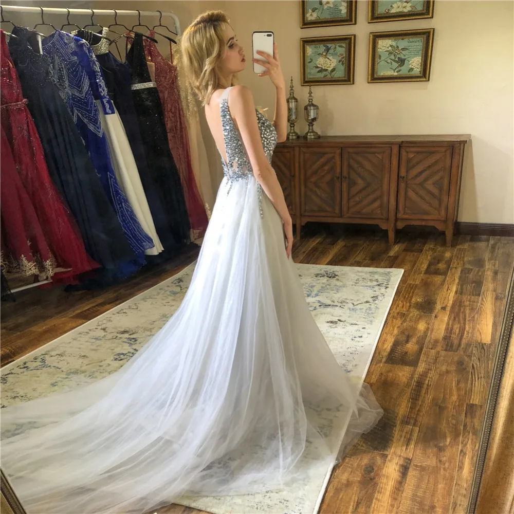 V Neck Sparkly Prom Dresses 2019 Backless Evening Party Dress Elegant Sexy See Through High Split  Real Photo