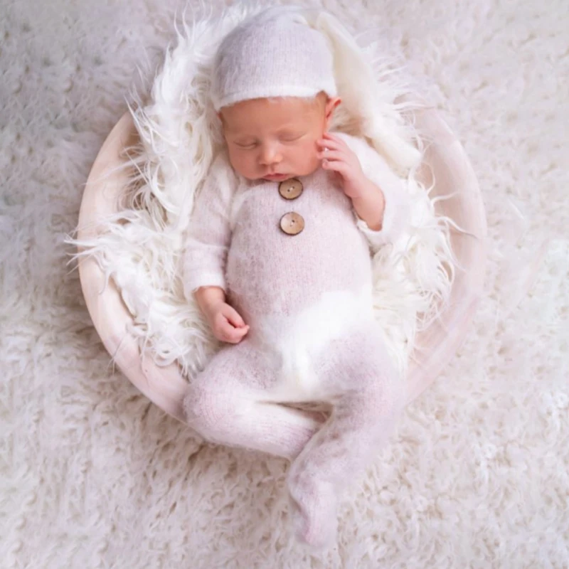 Mohair Baby Romper Hat Set Newborn Photography Props Knitted Wool Bodysuit Long Tail Cap Kit Infants Photo Shooting Clothes