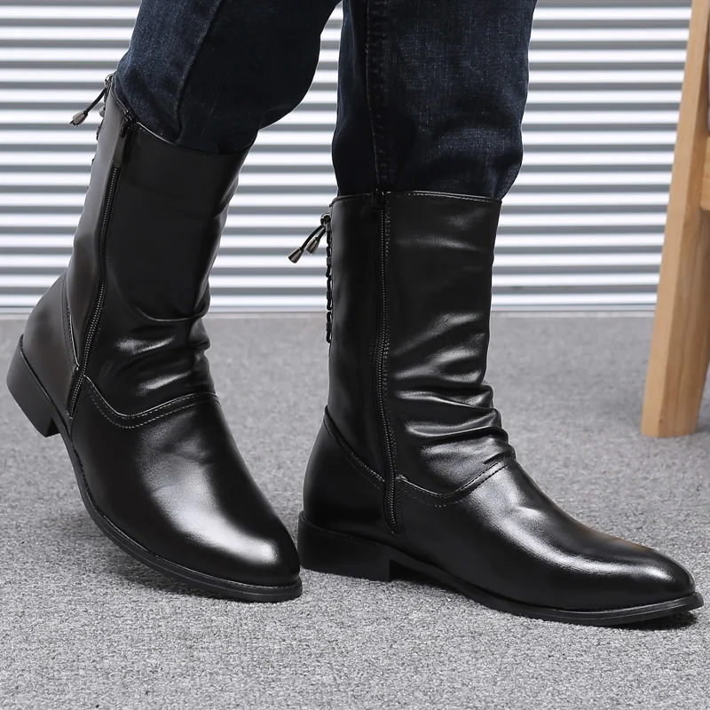 new fashion mens nightclub motorcycle mid-calf high boots cow leather shoes autumn winter long botas masculina calzado hombre