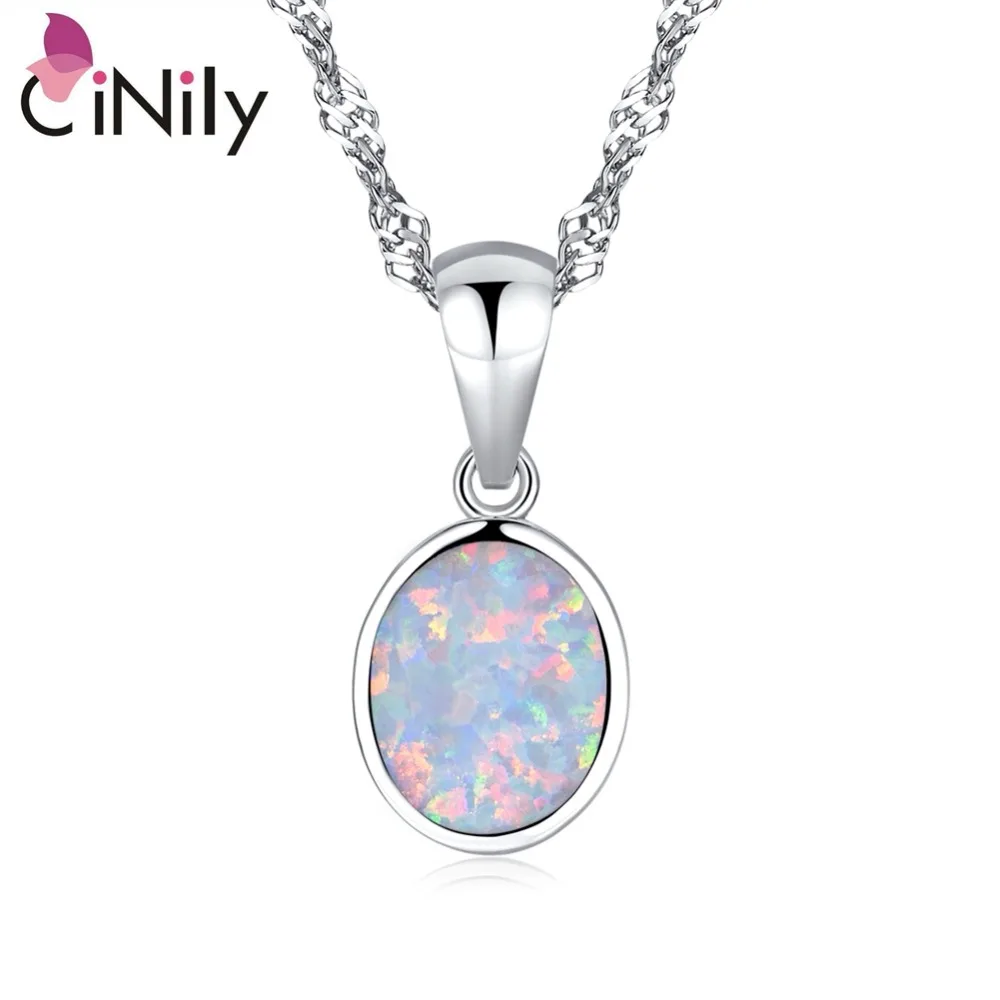 CiNily  Minimalist Silver Plated Fire Opal Pendant White Blue Oval Stone Geometry Charm Korean Jewelry Gift for Women Girl