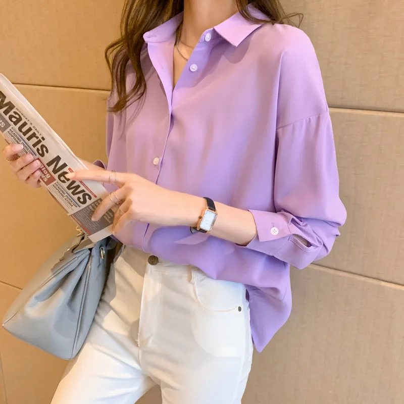 2021 frühling Herbst Lange Hülse Frauen Shirts Weiß Lose Blusen Weibliche Tops BF Koreanische Stil Elegante Blusas Schwarz Gelb Lila