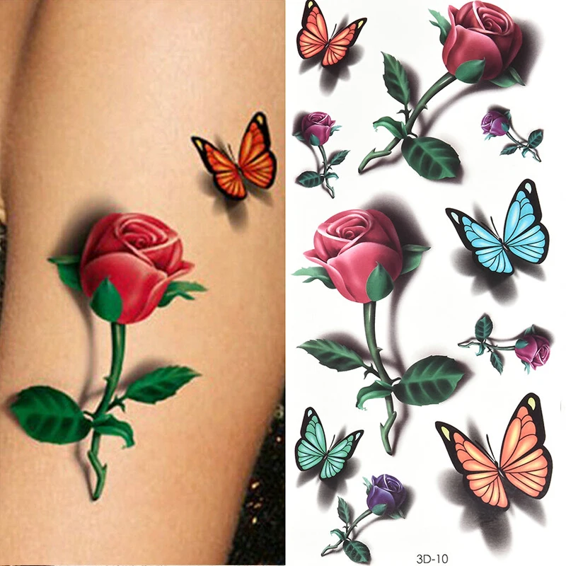 Pena borboleta tatuagens temporárias adesivo para proteção do corpo da mulher tatuagem 3d rosa flor anime falso adesivos à prova dwaterproof água