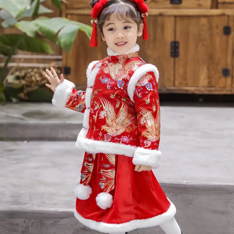 

Girls' Hanfu Suit Winter Cotton Plush Collar New 2021 New Year's Greeting Suit Children's Tang Suit Red Chinese Style Hanfu Suit