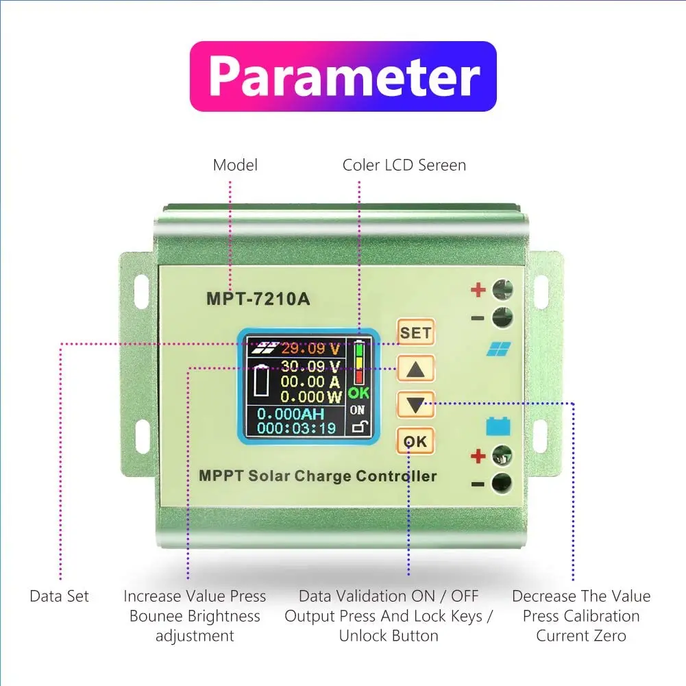 MPPT Solar Charge Controller MPT-7210 Lithium Battery Boost 0-10A LCD Solar Controller Solar Panel For 24/36/48V/60V/72V Battery