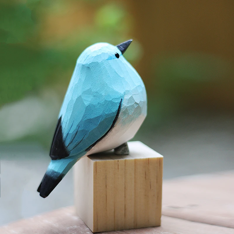 Mountain Blue Robin Little Fat Bird Wood Carving Creative Ornaments Decoration Crafts