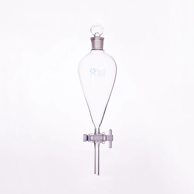 

Separatory funnel pear shape,with ground-in glass stopper and stopcock.Capacity 250ml,PTFE switch valve